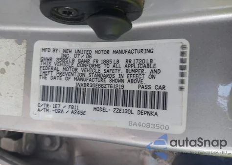 2006 Toyota Corolla Le z USA, uszkodzony, nr VIN 1NXBR30E66Z761219